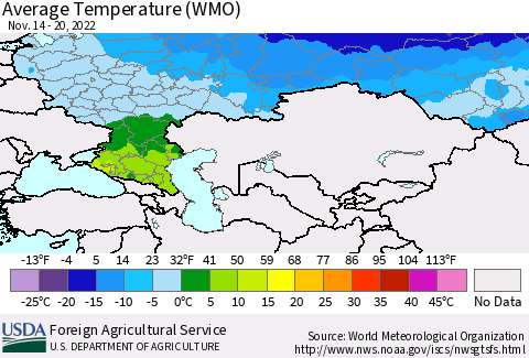 Russian Federation Average Temperature (WMO) Thematic Map For 11/14/2022 - 11/20/2022