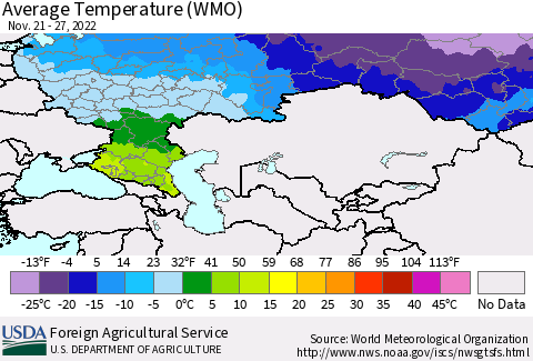 Russian Federation Average Temperature (WMO) Thematic Map For 11/21/2022 - 11/27/2022