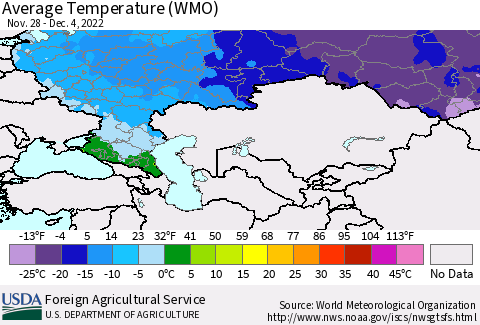 Russian Federation Average Temperature (WMO) Thematic Map For 11/28/2022 - 12/4/2022