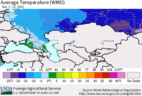 Russian Federation Average Temperature (WMO) Thematic Map For 12/5/2022 - 12/11/2022