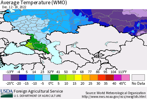 Russian Federation Average Temperature (WMO) Thematic Map For 12/12/2022 - 12/18/2022
