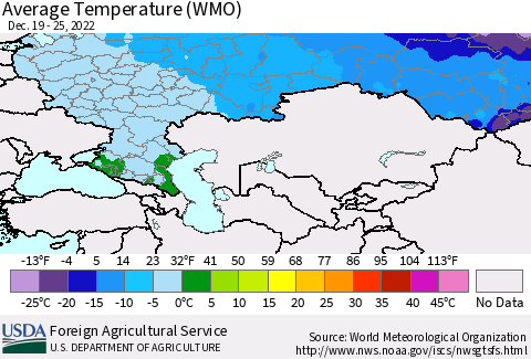Russian Federation Average Temperature (WMO) Thematic Map For 12/19/2022 - 12/25/2022