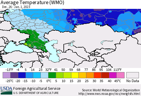 Russian Federation Average Temperature (WMO) Thematic Map For 12/26/2022 - 1/1/2023