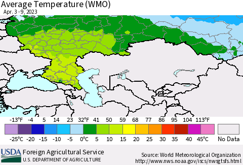 Russian Federation Average Temperature (WMO) Thematic Map For 4/3/2023 - 4/9/2023