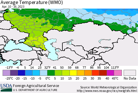 Russian Federation Average Temperature (WMO) Thematic Map For 4/10/2023 - 4/16/2023