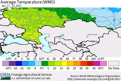 Russian Federation Average Temperature (WMO) Thematic Map For 4/17/2023 - 4/23/2023