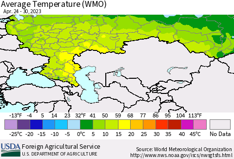 Russian Federation Average Temperature (WMO) Thematic Map For 4/24/2023 - 4/30/2023