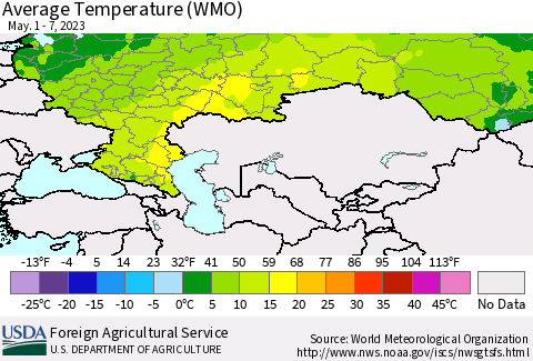 Russian Federation Average Temperature (WMO) Thematic Map For 5/1/2023 - 5/7/2023