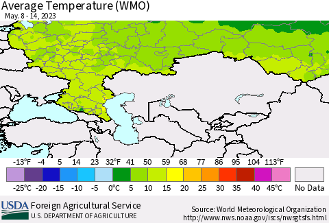 Russian Federation Average Temperature (WMO) Thematic Map For 5/8/2023 - 5/14/2023