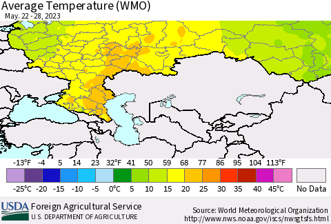 Russian Federation Average Temperature (WMO) Thematic Map For 5/22/2023 - 5/28/2023