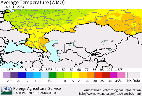 Russian Federation Average Temperature (WMO) Thematic Map For 6/5/2023 - 6/11/2023