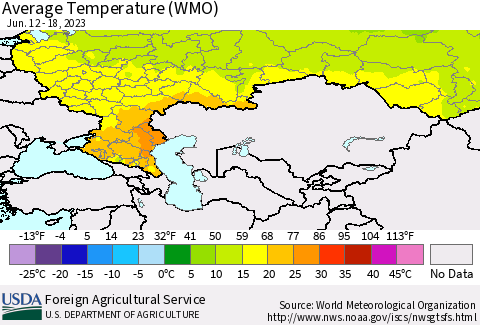 Russian Federation Average Temperature (WMO) Thematic Map For 6/12/2023 - 6/18/2023