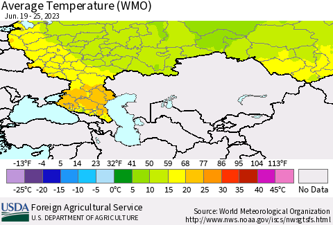 Russian Federation Average Temperature (WMO) Thematic Map For 6/19/2023 - 6/25/2023