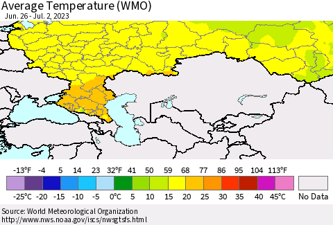 Russian Federation Average Temperature (WMO) Thematic Map For 6/26/2023 - 7/2/2023