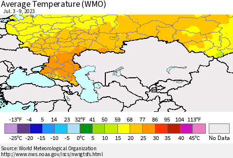 Russian Federation Average Temperature (WMO) Thematic Map For 7/3/2023 - 7/9/2023