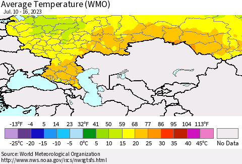 Russian Federation Average Temperature (WMO) Thematic Map For 7/10/2023 - 7/16/2023