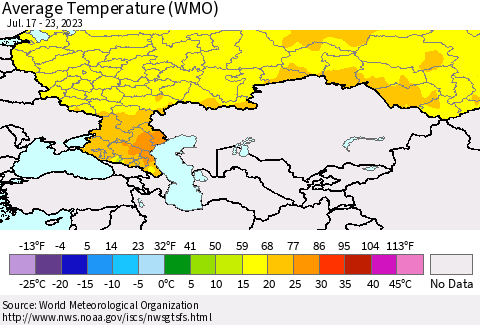 Russian Federation Average Temperature (WMO) Thematic Map For 7/17/2023 - 7/23/2023
