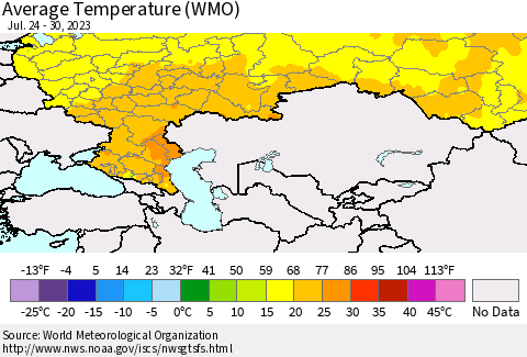 Russian Federation Average Temperature (WMO) Thematic Map For 7/24/2023 - 7/30/2023