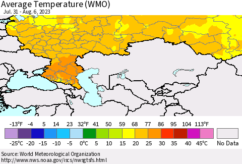 Russian Federation Average Temperature (WMO) Thematic Map For 7/31/2023 - 8/6/2023