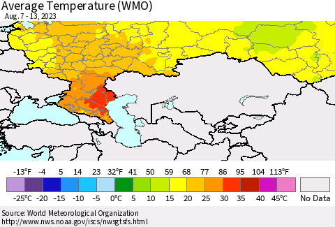 Russian Federation Average Temperature (WMO) Thematic Map For 8/7/2023 - 8/13/2023