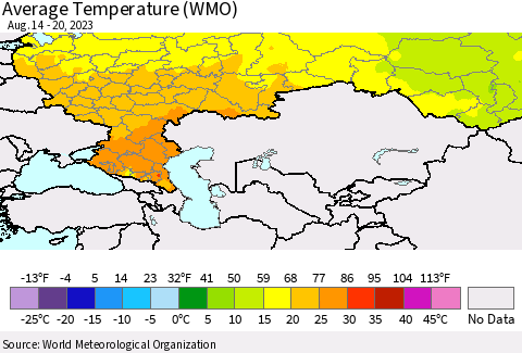 Russian Federation Average Temperature (WMO) Thematic Map For 8/14/2023 - 8/20/2023