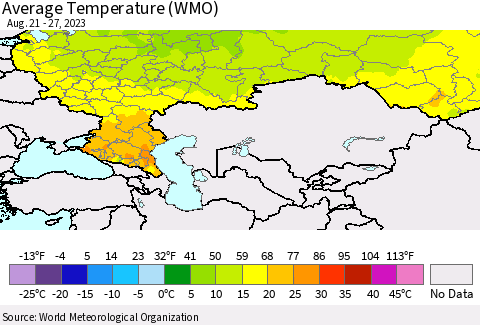 Russian Federation Average Temperature (WMO) Thematic Map For 8/21/2023 - 8/27/2023