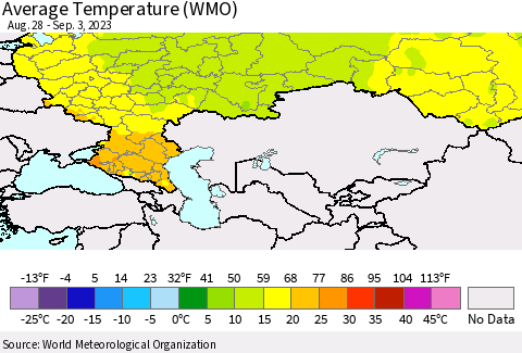 Russian Federation Average Temperature (WMO) Thematic Map For 8/28/2023 - 9/3/2023