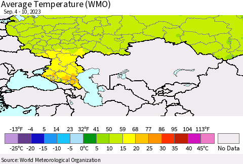 Russian Federation Average Temperature (WMO) Thematic Map For 9/4/2023 - 9/10/2023