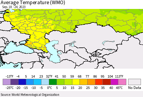 Russian Federation Average Temperature (WMO) Thematic Map For 9/18/2023 - 9/24/2023