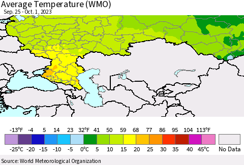 Russian Federation Average Temperature (WMO) Thematic Map For 9/25/2023 - 10/1/2023