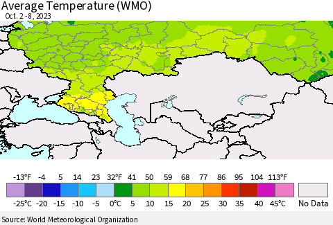 Russian Federation Average Temperature (WMO) Thematic Map For 10/2/2023 - 10/8/2023