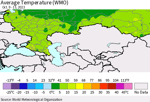 Russian Federation Average Temperature (WMO) Thematic Map For 10/9/2023 - 10/15/2023