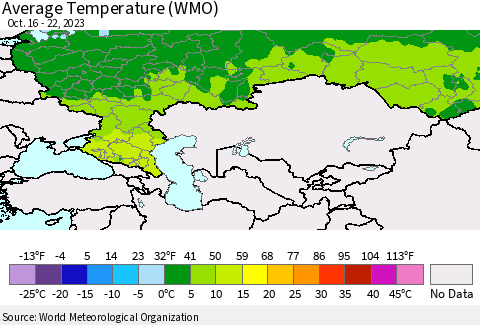 Russian Federation Average Temperature (WMO) Thematic Map For 10/16/2023 - 10/22/2023