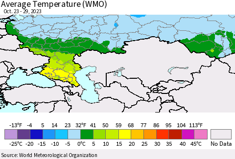 Russian Federation Average Temperature (WMO) Thematic Map For 10/23/2023 - 10/29/2023