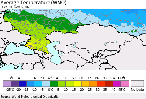 Russian Federation Average Temperature (WMO) Thematic Map For 10/30/2023 - 11/5/2023