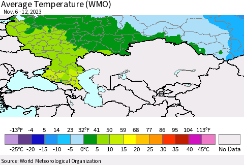 Russian Federation Average Temperature (WMO) Thematic Map For 11/6/2023 - 11/12/2023