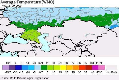 Russian Federation Average Temperature (WMO) Thematic Map For 11/13/2023 - 11/19/2023