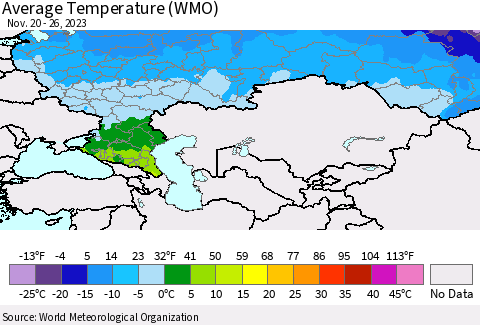 Russian Federation Average Temperature (WMO) Thematic Map For 11/20/2023 - 11/26/2023