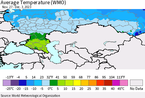 Russian Federation Average Temperature (WMO) Thematic Map For 11/27/2023 - 12/3/2023