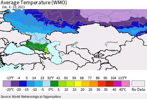 Russian Federation Average Temperature (WMO) Thematic Map For 12/4/2023 - 12/10/2023