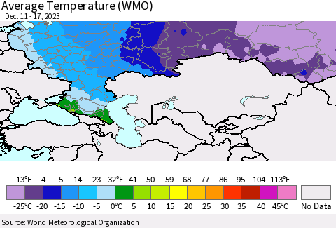 Russian Federation Average Temperature (WMO) Thematic Map For 12/11/2023 - 12/17/2023