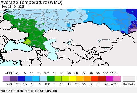 Russian Federation Average Temperature (WMO) Thematic Map For 12/18/2023 - 12/24/2023