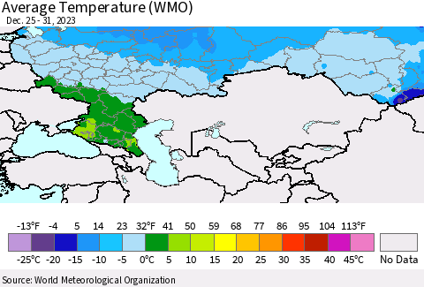 Russian Federation Average Temperature (WMO) Thematic Map For 12/25/2023 - 12/31/2023