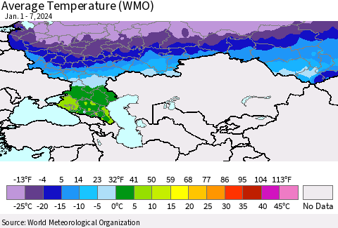 Russian Federation Average Temperature (WMO) Thematic Map For 1/1/2024 - 1/7/2024