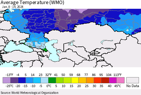 Russian Federation Average Temperature (WMO) Thematic Map For 1/8/2024 - 1/14/2024