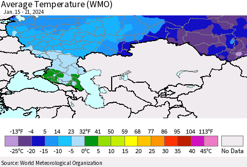 Russian Federation Average Temperature (WMO) Thematic Map For 1/15/2024 - 1/21/2024