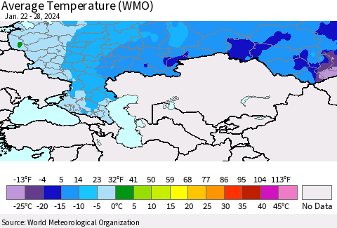 Russian Federation Average Temperature (WMO) Thematic Map For 1/22/2024 - 1/28/2024