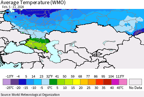 Russian Federation Average Temperature (WMO) Thematic Map For 2/5/2024 - 2/11/2024