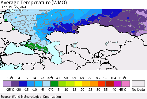 Russian Federation Average Temperature (WMO) Thematic Map For 2/19/2024 - 2/25/2024