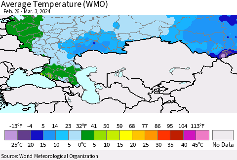 Russian Federation Average Temperature (WMO) Thematic Map For 2/26/2024 - 3/3/2024